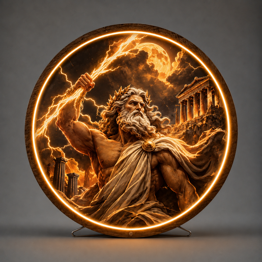 Greek God Zeus LED Wall Art, Round Illuminated Lighting Painting, 35/45/60cm Lightning Bolt  and Parthenon Decor, Ambient Night Light Led 58