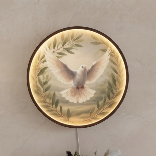Handcrafted Round LED Peace Dove Wall Art - Olive Branch and Flying Dove Illuminated Decor Led 16