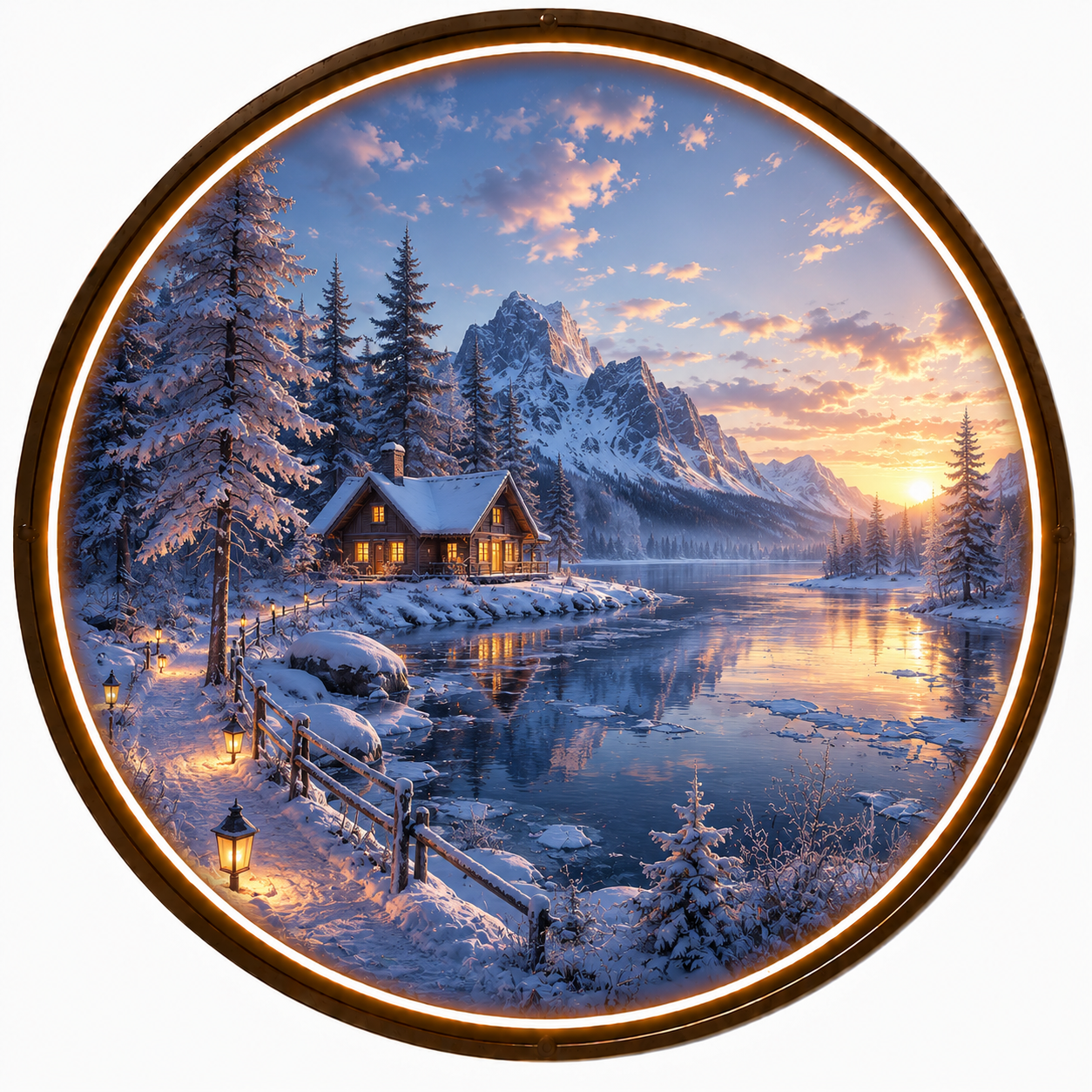 Golden Winter Sunset: Illuminated Circular LED Wall Art led 151