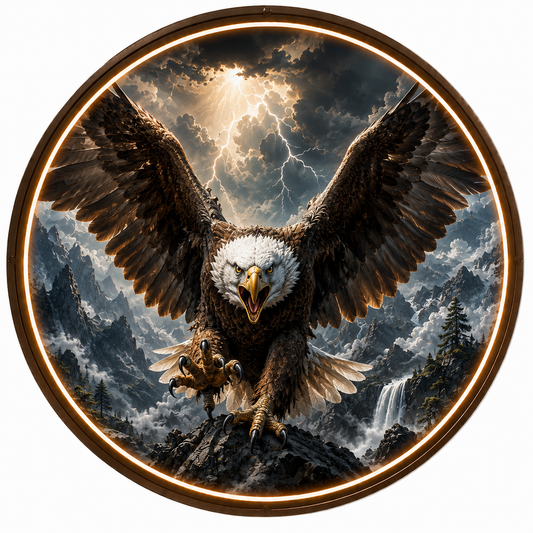 > `Round LED Glowing Wall Art - Majestic Bald Eagle and Thunderstorm Decor, Modern Home Living Room Lighting` led 126