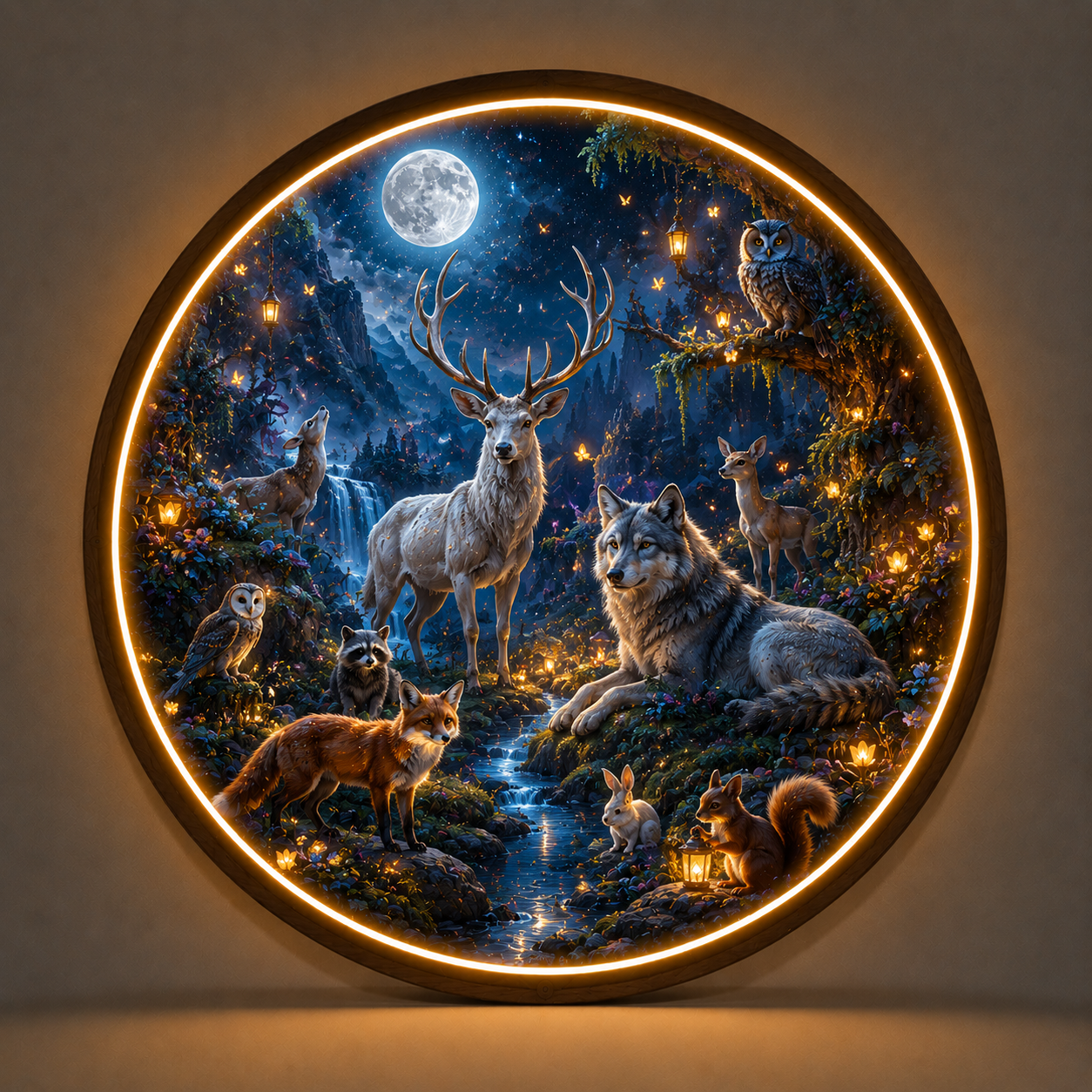 Midnight Wildlife Fantasy Realm LED Round Wall Art led 101
