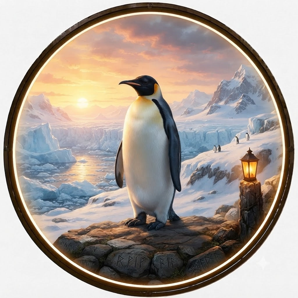 Round Antarctic Penguin Landscape Backlit Wall Art - Scenic Wildlife Decor Painting with LED Lighting led 169