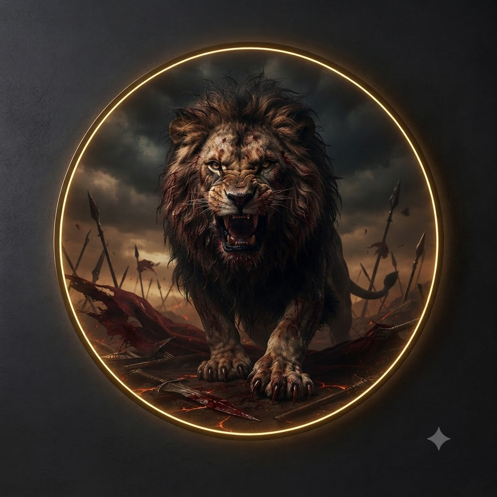Fierce Warrior Lion on Battlefield LED Round Wall Art led 185