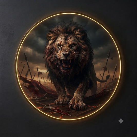 Fierce Warrior Lion on Battlefield LED Round Wall Art led 185