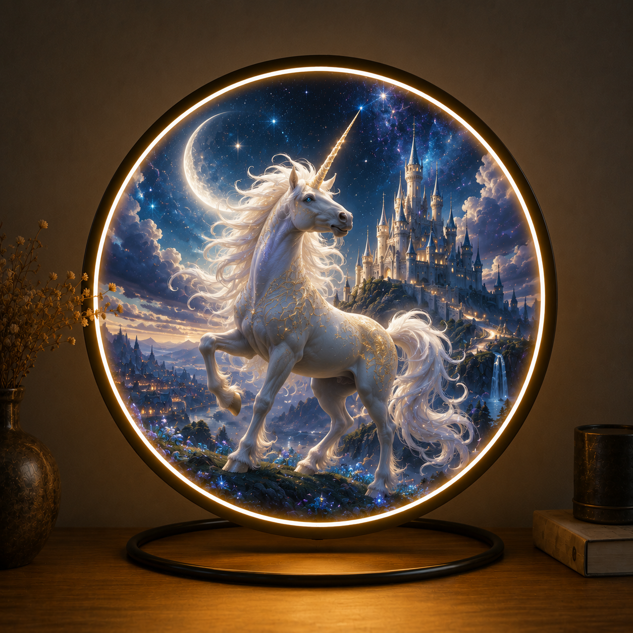 Mystical Unicorn Round LED Wall Art – Fantasy Castle Illuminated Decor led ́81