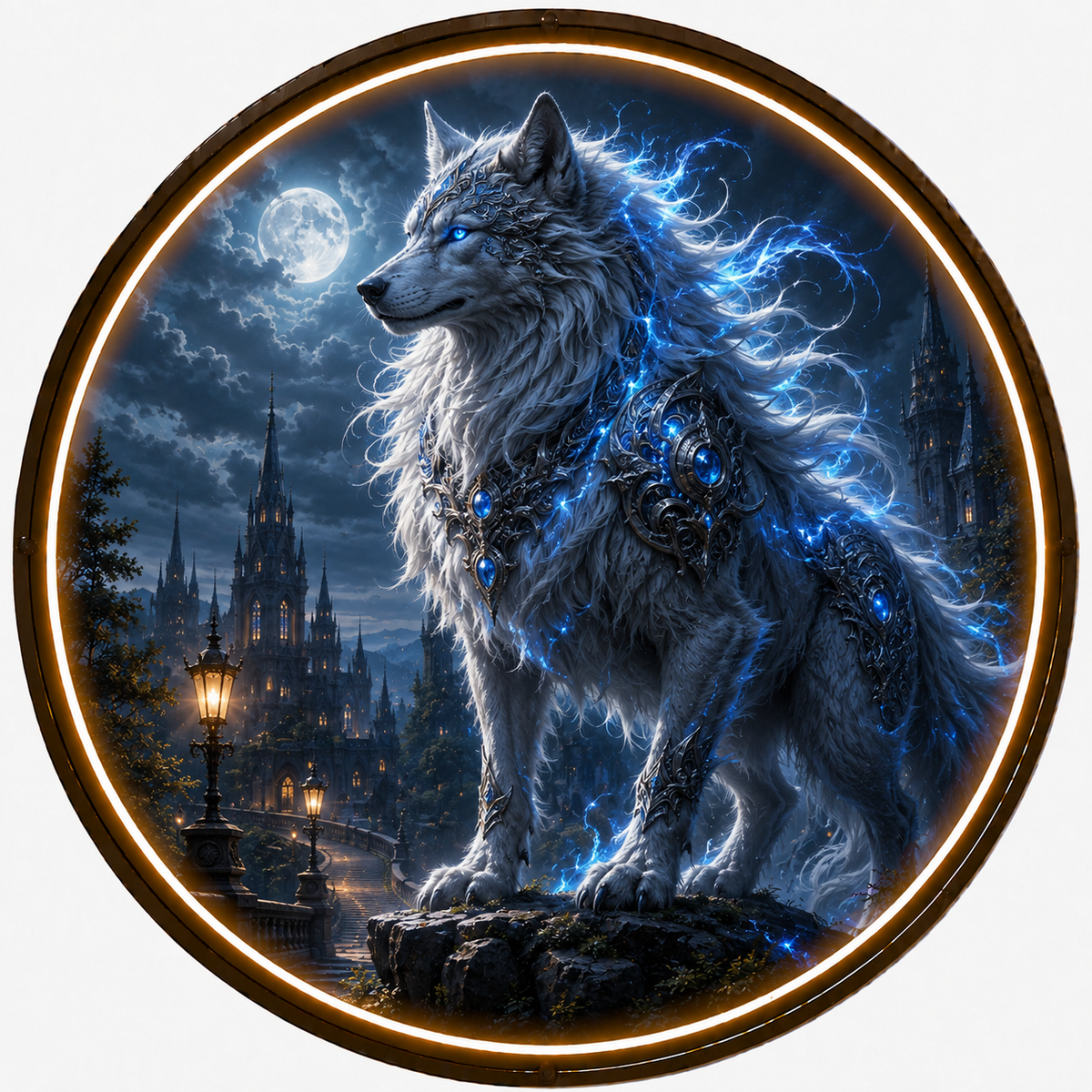 Mystical White Wolf LED Round Wall Art led 175