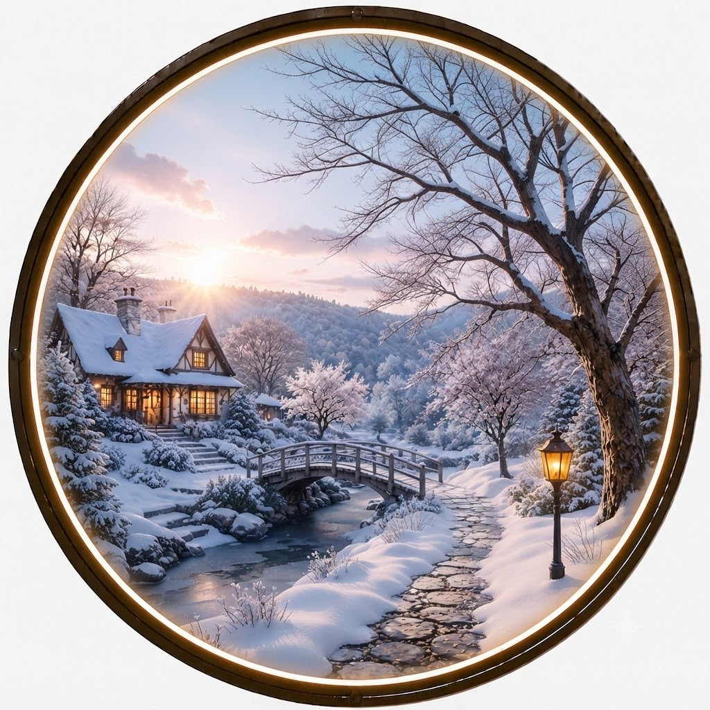 Round Winter Landscape Backlit Wall Art - Scenic Home Decor Painting with LED Lighting led 167
