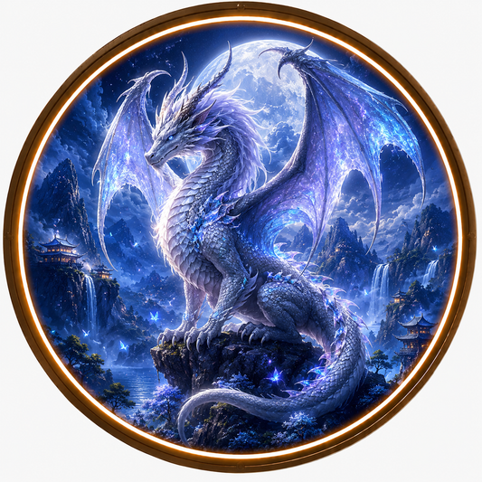 Round LED Glowing Wall Art - Mythical Winged White Dragon & Moonlit Mountain Decor, Modern Home & Living Room Lighting led 133