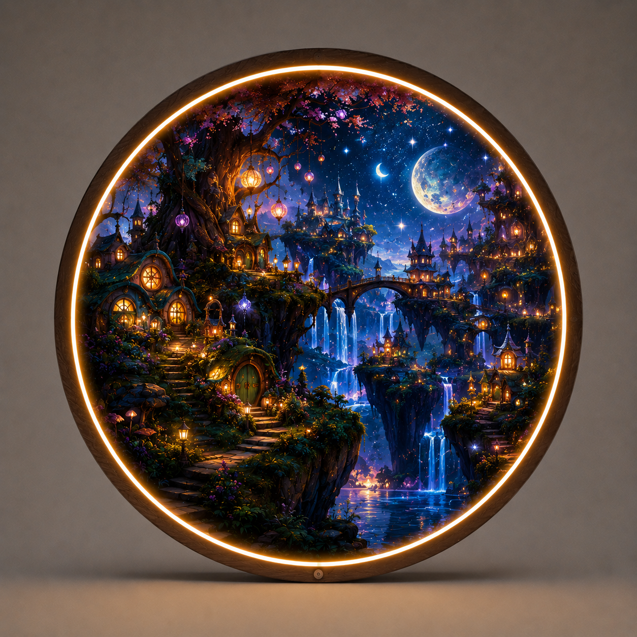 Midnight Moonlit Fantasy Realm LED Round Wall Art led 98
