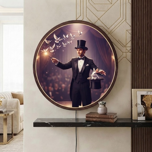 Magician LED Round Wall Art | Stage Illusionist with Doves and Rabbit Home Decor Light Painting with 3 Size Options and  12V Safe Driver System Led 29