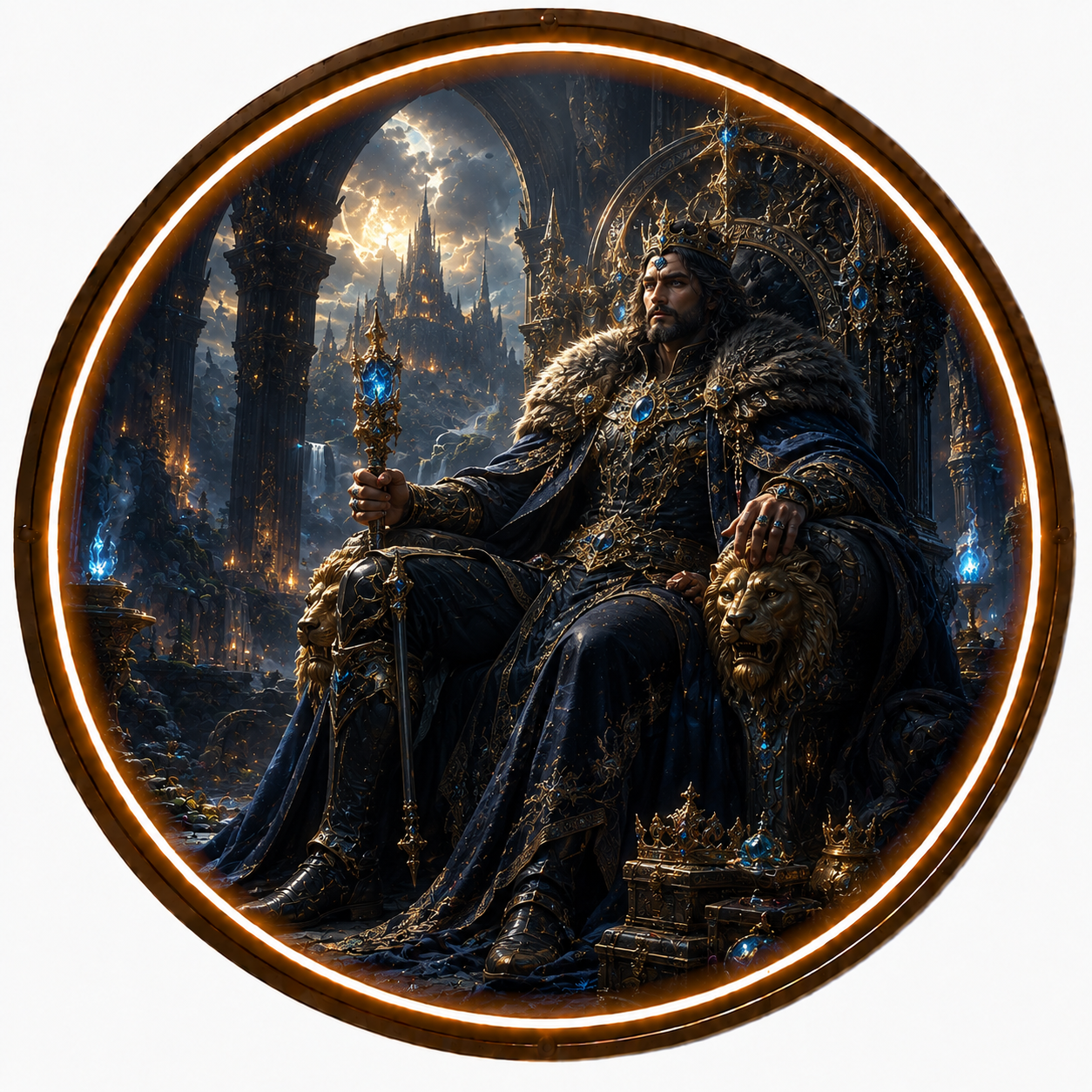 Round LED Lighted Wall Art - Majestic Fantasy King and Ancient Castle Throne Decor led 144