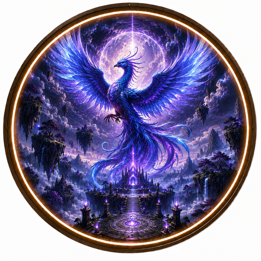 Round LED Glowing Wall Art - Mythical Blue Phoenix & Celestial Temple Decor, Modern Home & Living Room Lighting led 131