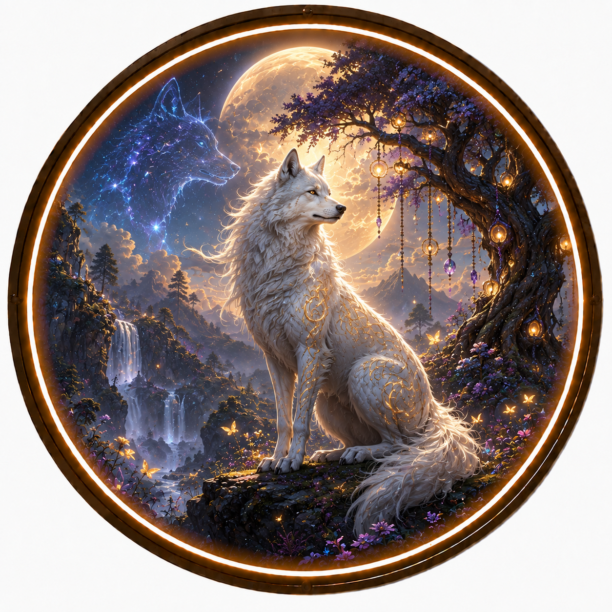 Mystical White Wolf Fantasy LED Wall Art – Enchanted Moonlit Forest Round Lighted Picture, Magical Animal Home Decor led 142