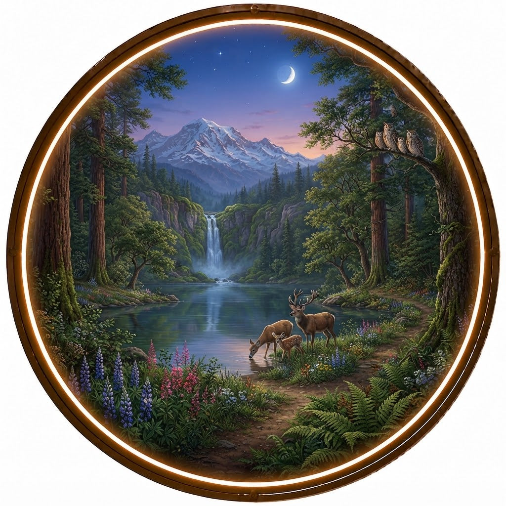 Serene Mountain Sunset Wildlife Circular Wall Art led 157