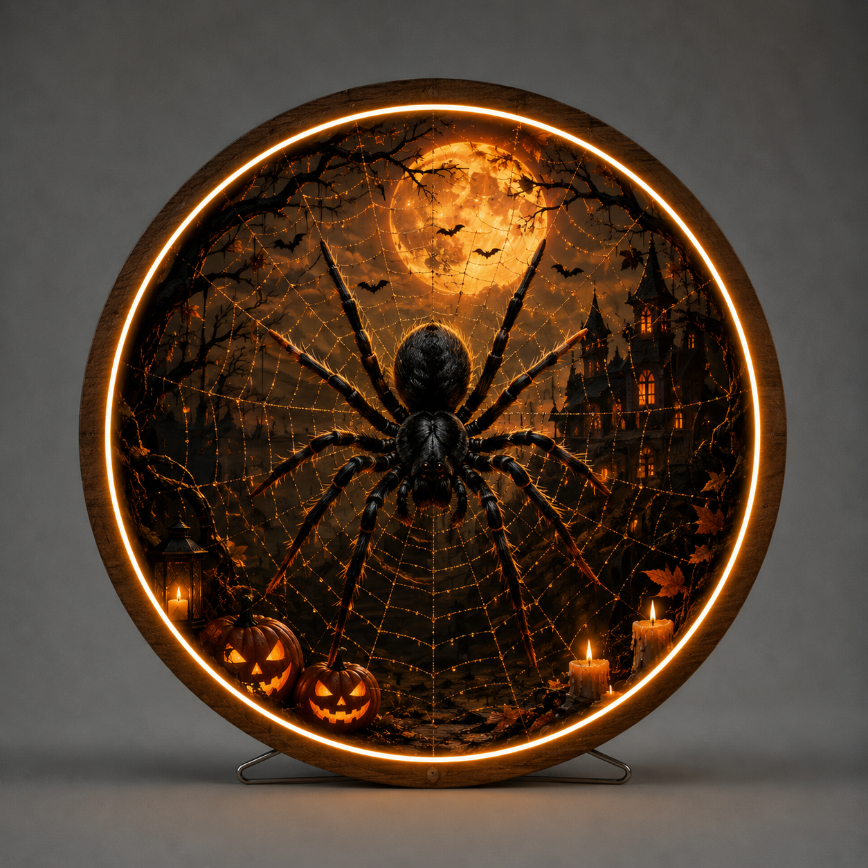 Creepy Spider Web & Haunted Castle Round LED Wall Sign | Spooky Halloween Glow Night Light Decor Led 57
