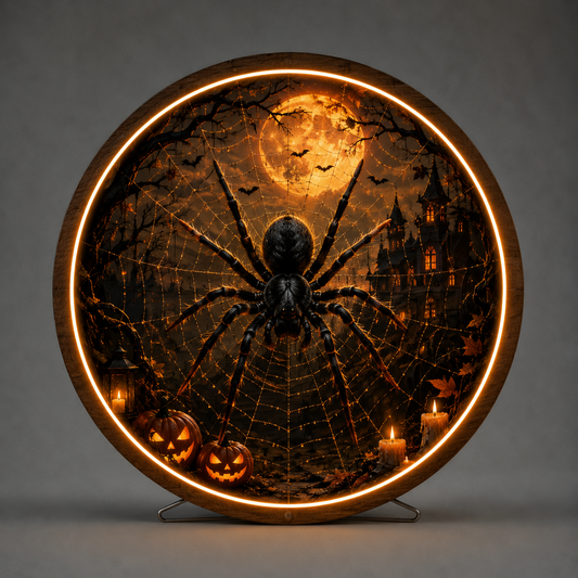 Creepy Spider Web & Haunted Castle Round LED Wall Sign | Spooky Halloween Glow Night Light Decor Led 57