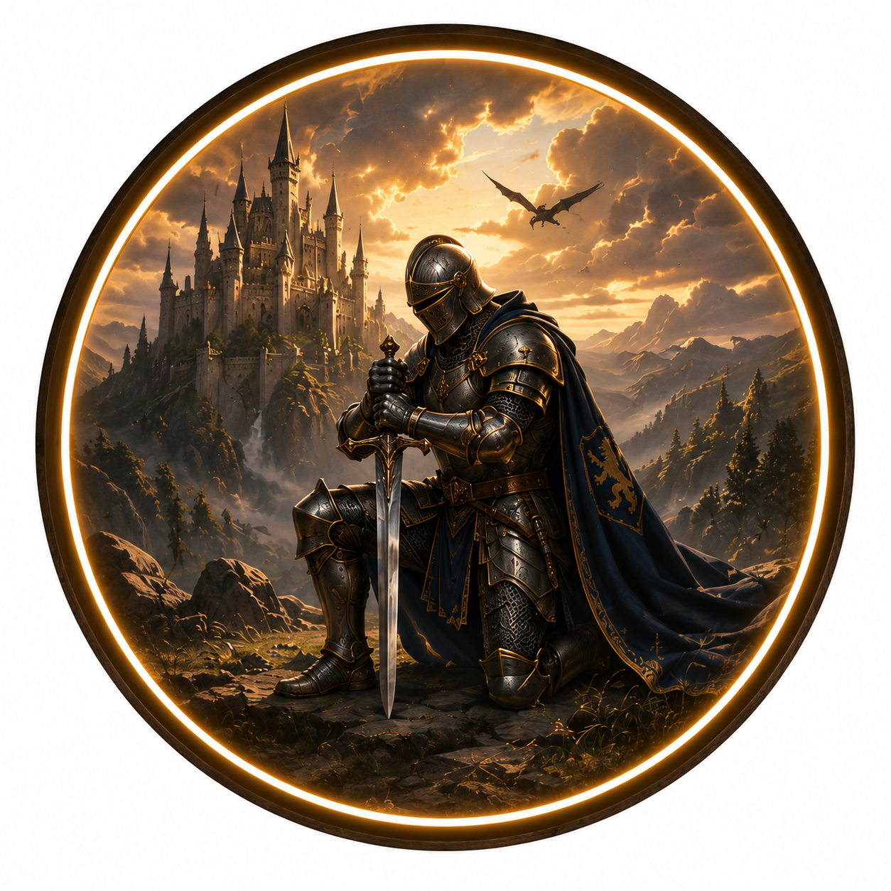 Round LED Knight Wall Decor, Fantasy Castle Illuminated Art, Home and Living Accent led 111