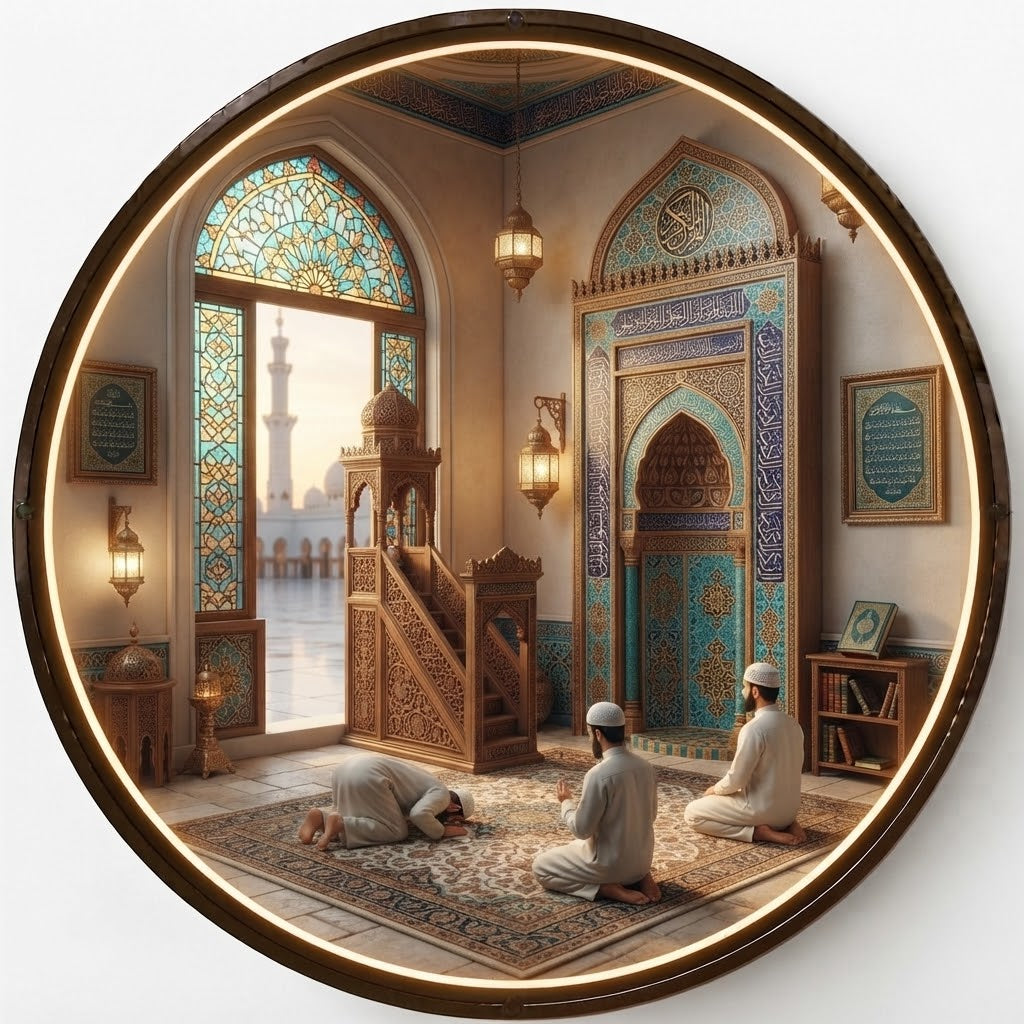 Illuminated Circular Islamic Art: Three Men Praying in Mosque View with Stained Glass and Minaret Background led 163