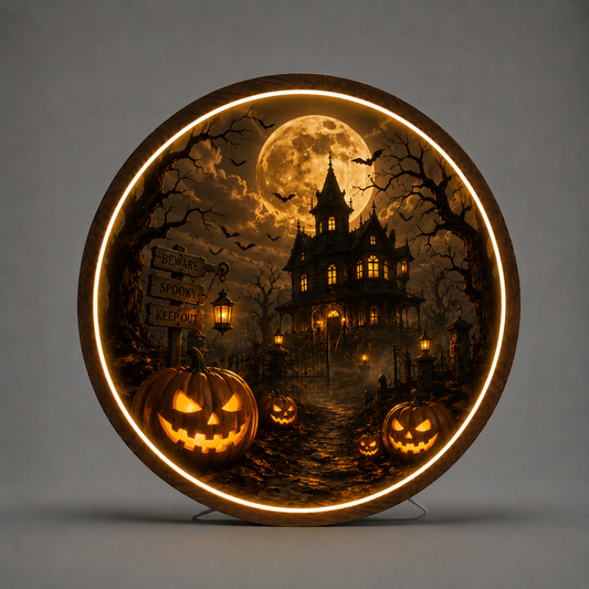 Halloween Spooky Castle LED Wall Art, Round Glowing Pumpkin Night Light, 35/45/60cm Ambient Hanging Decor for Living Room and Party