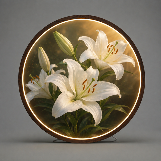 White Lily LED Round Wall Art | Blooming Floral Nature Home Decor Light Painting with 3 Size Options and 12V Safe Driver System Led 48