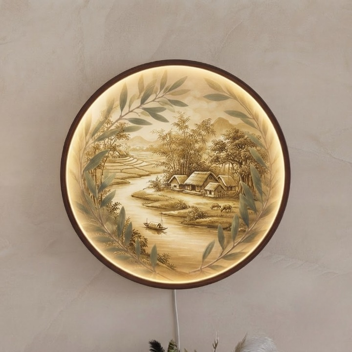 Modern Vietnamese Countryside Scenery LED Wall Lamp - Dimmable Round Art Painting Light for Living Room and Bedroom Led 17