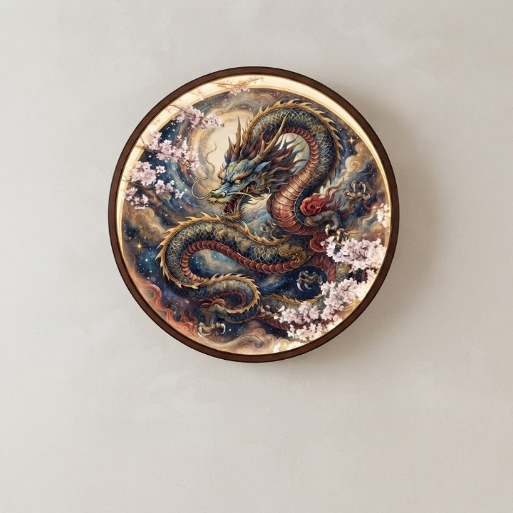 Mythical Dragon & Cherry Blossom Round LED Wall Art – Backlit Asian Oriental Decor Led 3