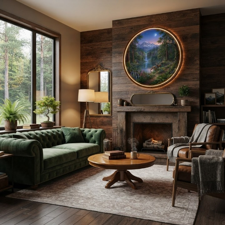 Serene Mountain Sunset Wildlife Circular Wall Art led 157