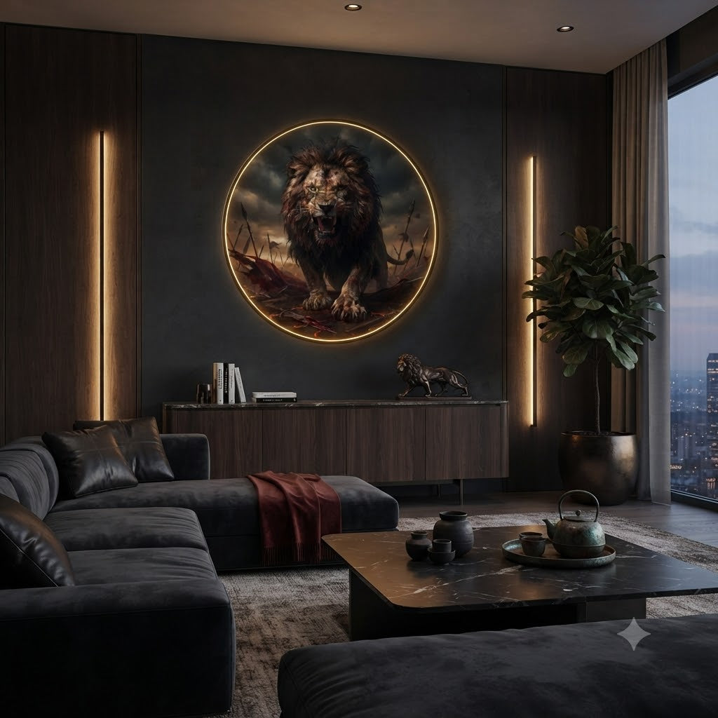 Fierce Warrior Lion on Battlefield LED Round Wall Art led 185