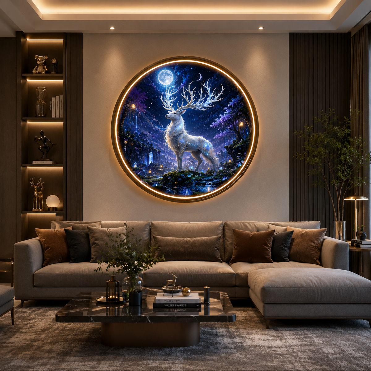 Round LED Glowing Wall Art - Mythical Spirit Deer & Moonlit Forest Decor, Modern Home & Living Room Lighting led 135