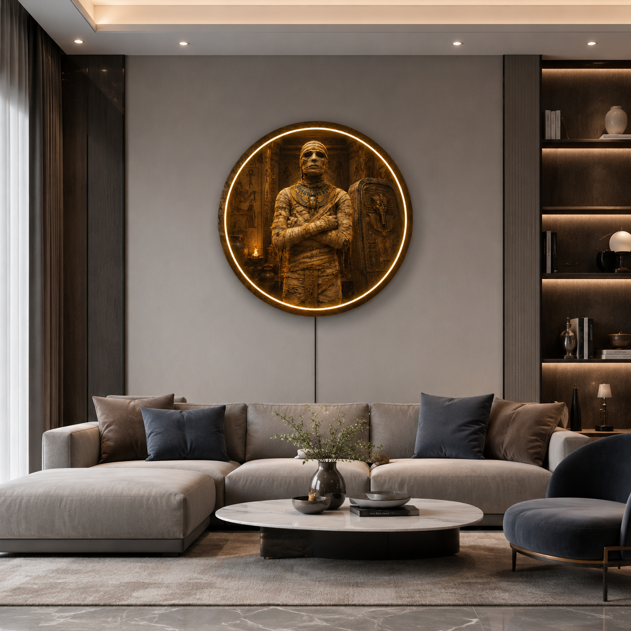 Egyptian Mummy LED Wall Art – Round Wooden Illuminated Wall Decor Led 53