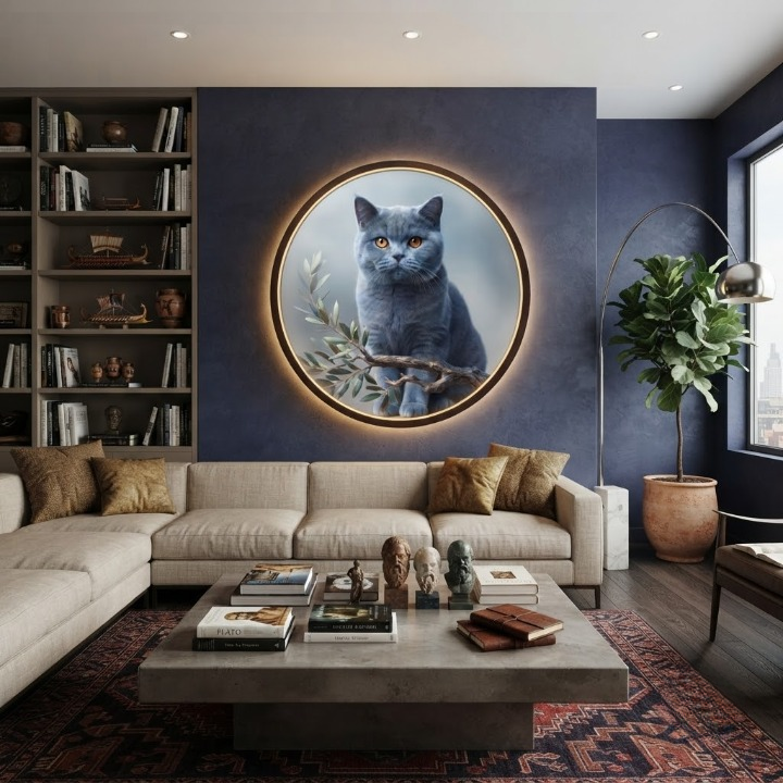 Cat Lover Gift | Round Illuminated Wall Sign | British Shorthair Portrait | Modern Home Decor Led 63