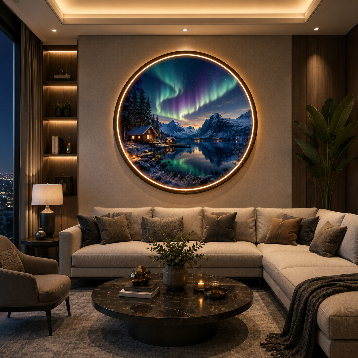 Northern Lights Serenity: Illuminated Circular LED Wall Art led 150