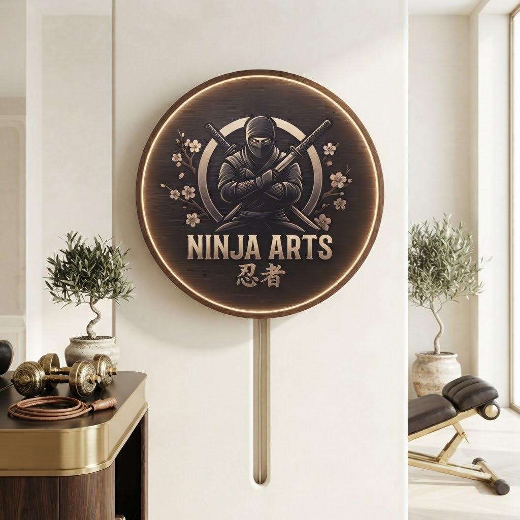 Handcrafted Round LED Ninja Arts Wall Decor - Japanese Martial Arts and Cherry Blossom Illuminated Art  Led 10