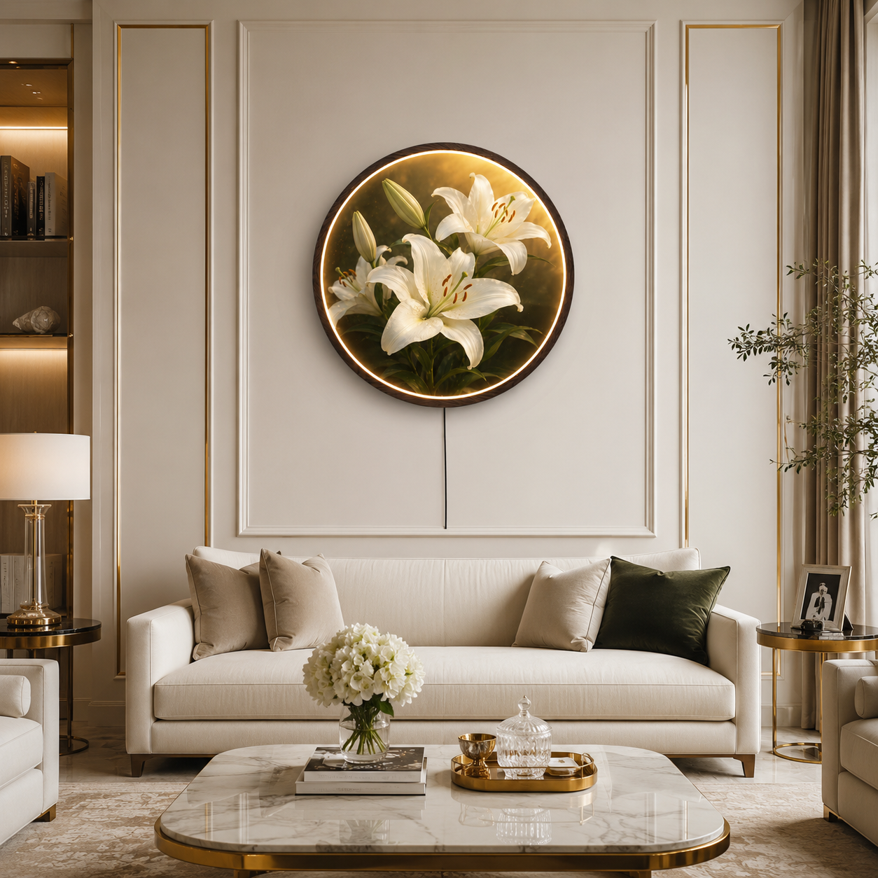 White Lily LED Round Wall Art | Blooming Floral Nature Home Decor Light Painting with 3 Size Options and 12V Safe Driver System Led 48