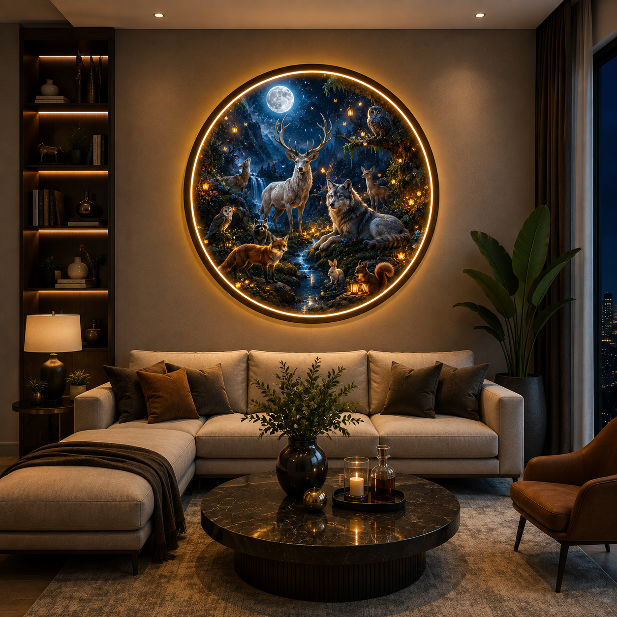 Midnight Wildlife Fantasy Realm LED Round Wall Art led 101