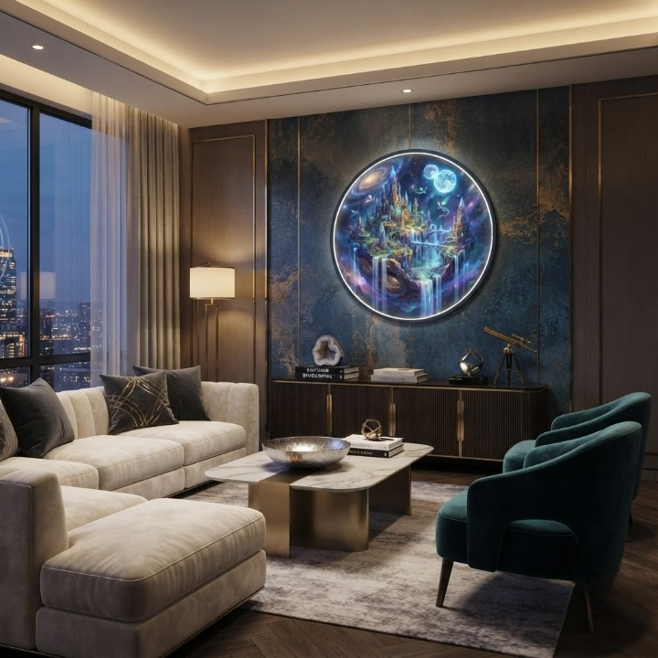 Cosmic Fantasy Castle & Galaxy LED Wall Art - Round Moonlit Sky Landscape with 12V Driver, Ambient Night Light for Living Room & Bedroom Decor led 93