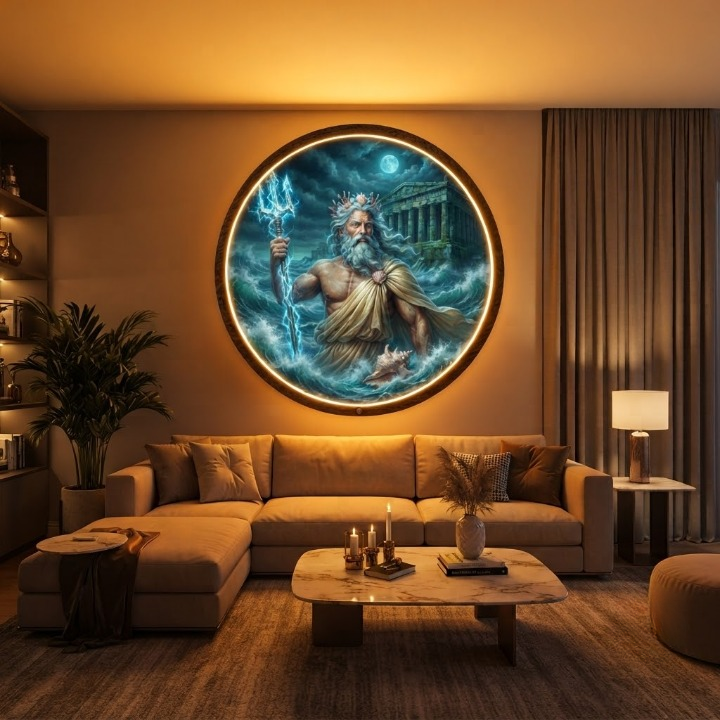 Poseidon Greek God Illuminated Wall Art – Round LED Backlit Sea God Neptune Canvas, Mythological Lighted Sign Decor for Living Room Led 59