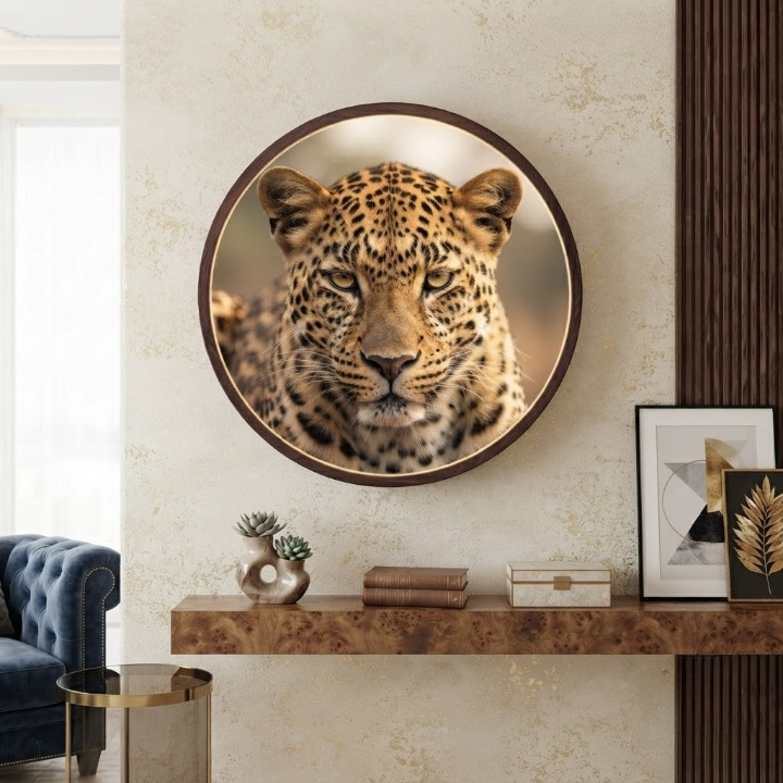 Leopard LED Round Wall Art | Wild Animal Portrait Wildlife Home Decor Light Painting with 3 Size Options and 12V Safe Driver System Led 27
