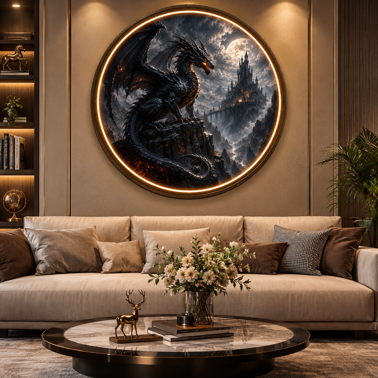 Gothic Dragon Round LED Wall Painting, Fantasy Home and Office Decor led 121