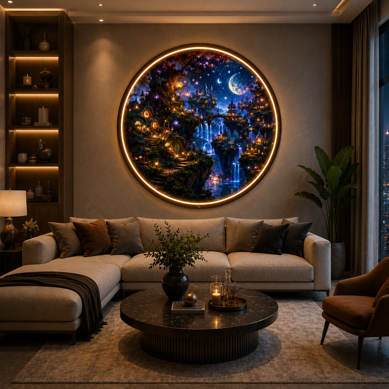 Midnight Moonlit Fantasy Realm LED Round Wall Art led 98