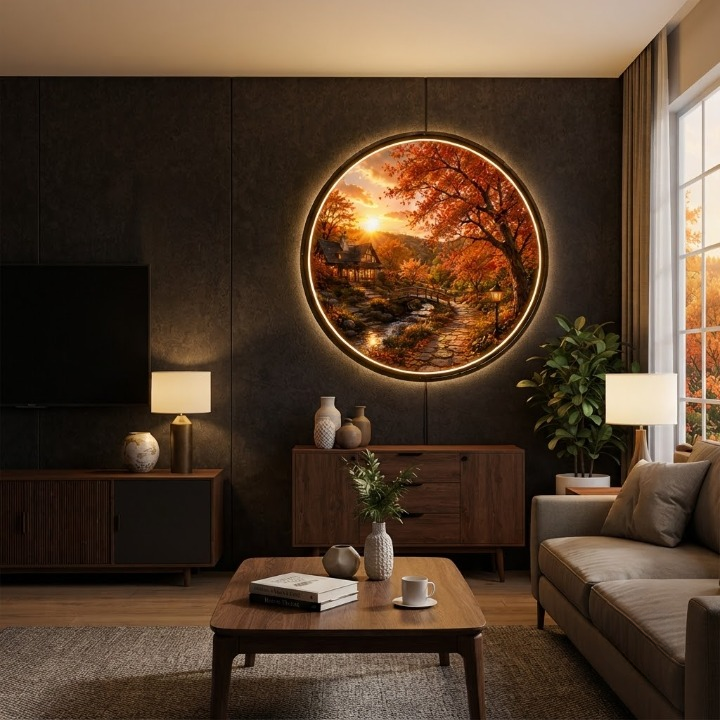 Round Autumnal Landscape Backlit Wall Art - Home Decor Painting with LED Lighting led 166