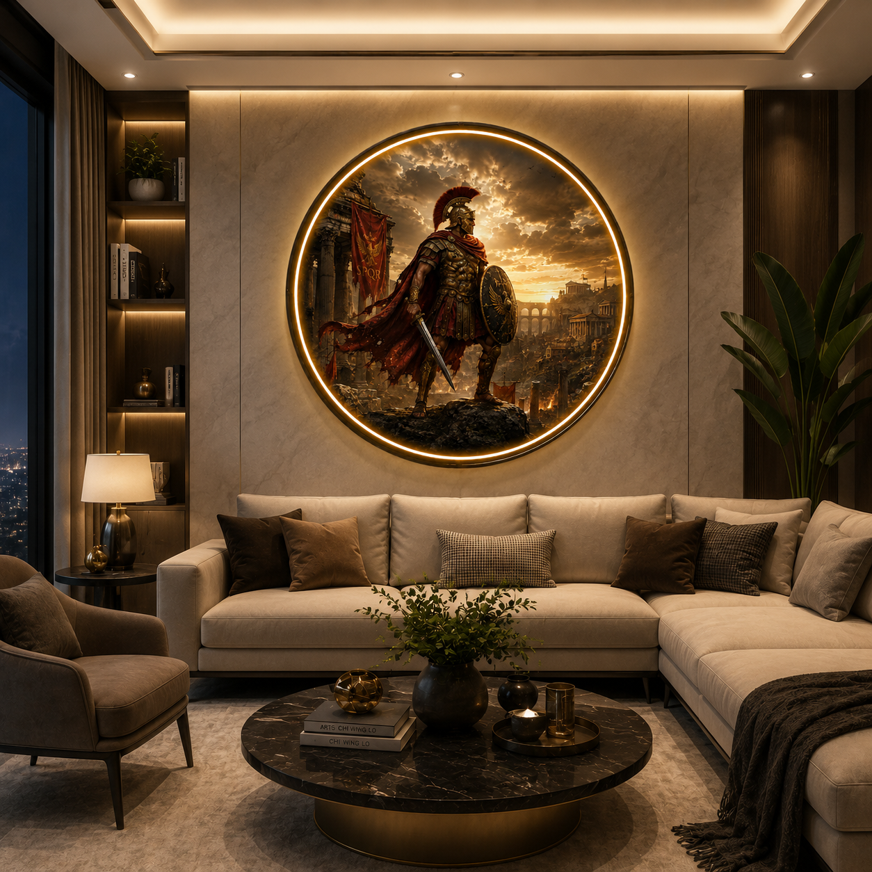 Roman Gladiator Glory: Illuminated Circular LED Wall Art led 152