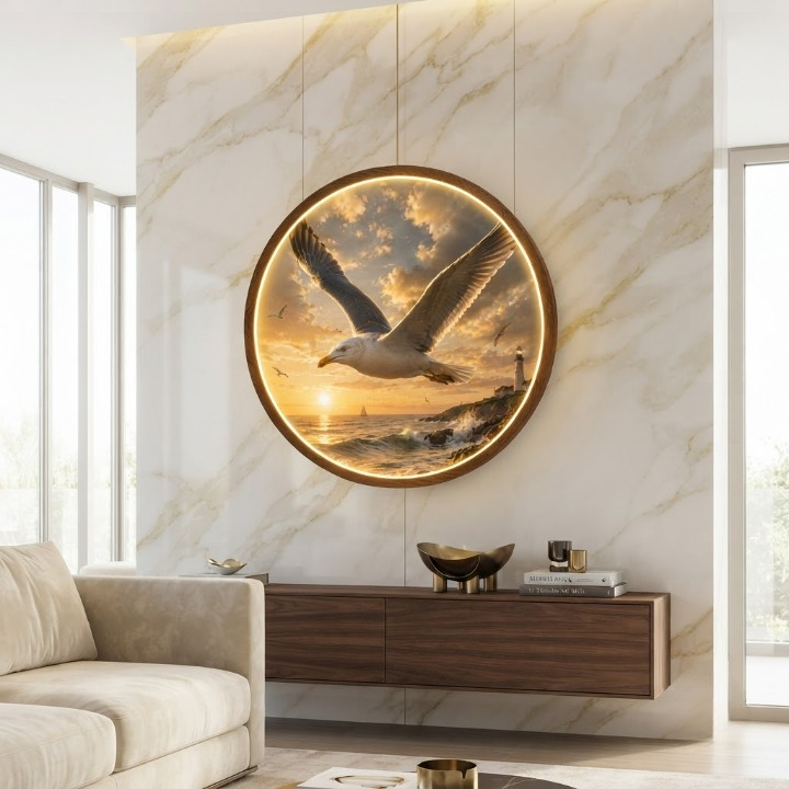 Seagull LED Round Wall Art | Coastal Sunset and Lighthouse Home Decor Light Painting with 3 Size Options and 12V Safe Driver System Led 52