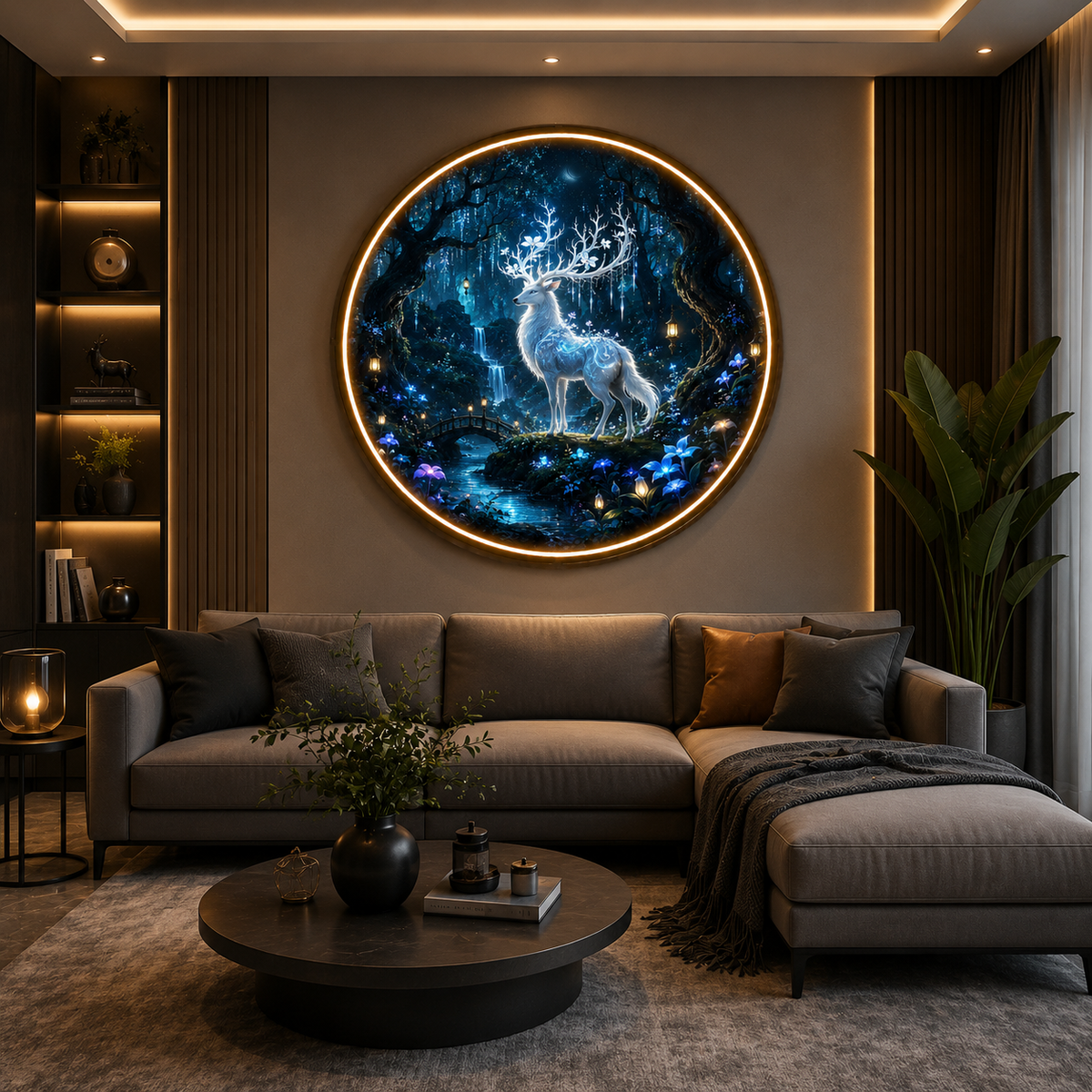 Round LED Glowing Wall Art - Mythical Spirit Deer & Enchanted Forest Decor, Modern Home & Living Room Lighting led 132
