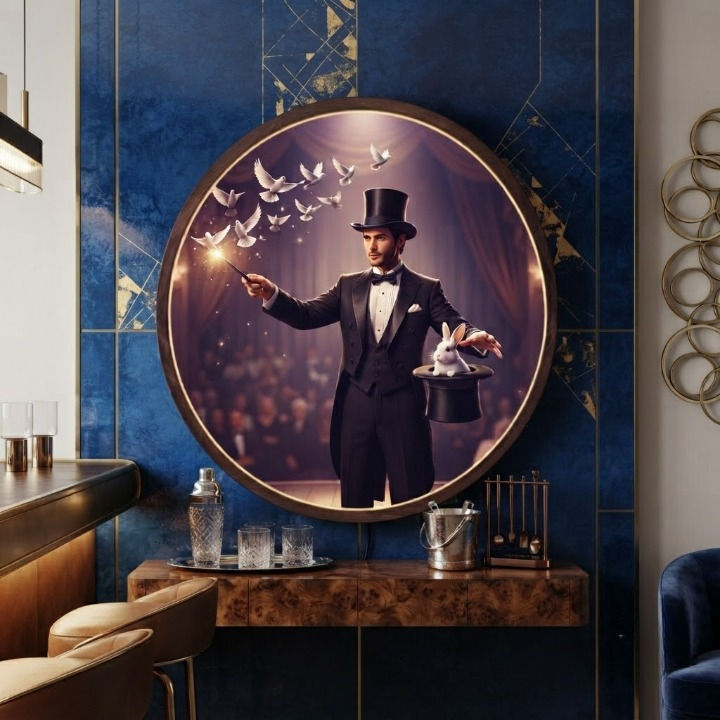 Magician LED Round Wall Art | Stage Illusionist with Doves and Rabbit Home Decor Light Painting with 3 Size Options and  12V Safe Driver System Led 29