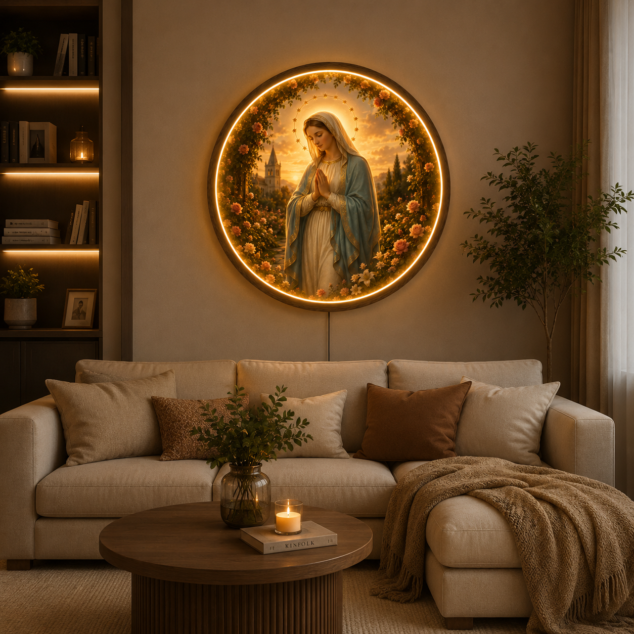 Virgin Mary LED Wall Art | Round Illuminated Holy Mother Decor & Sacred Home Accent led 68