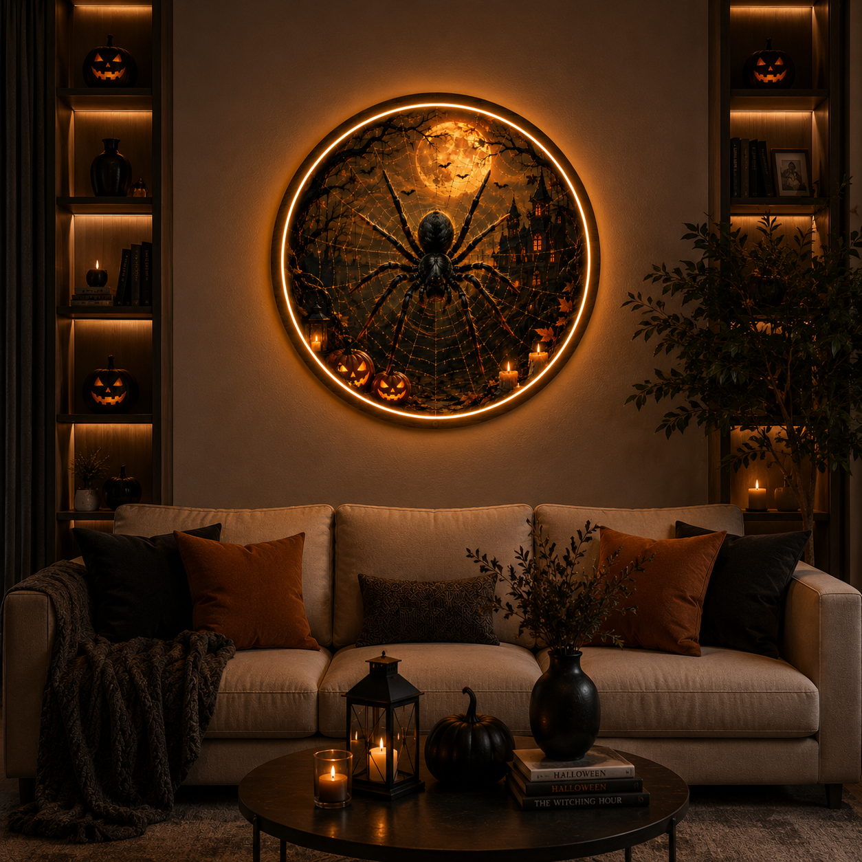 Creepy Spider Web & Haunted Castle Round LED Wall Sign | Spooky Halloween Glow Night Light Decor Led 57