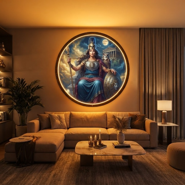 Athena God of Wisdom Lighted Round Wall Sign | Boho Greek Mythology Decor | Unique Bedroom and Living Room Art Led 60