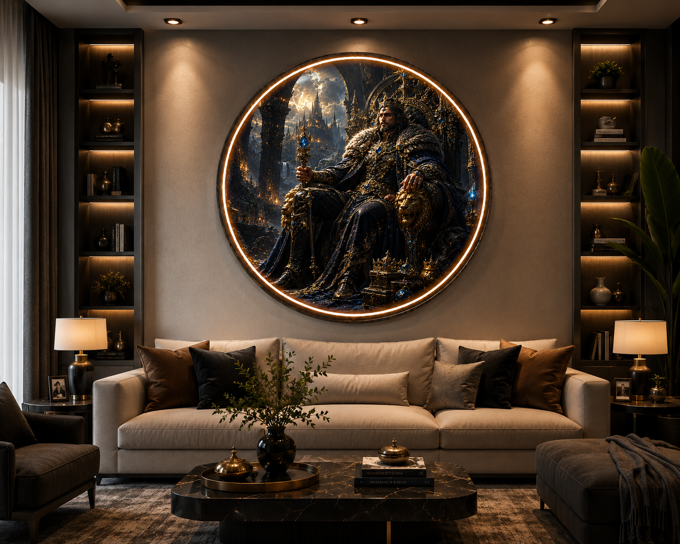 Round LED Lighted Wall Art - Majestic Fantasy King and Ancient Castle Throne Decor led 144