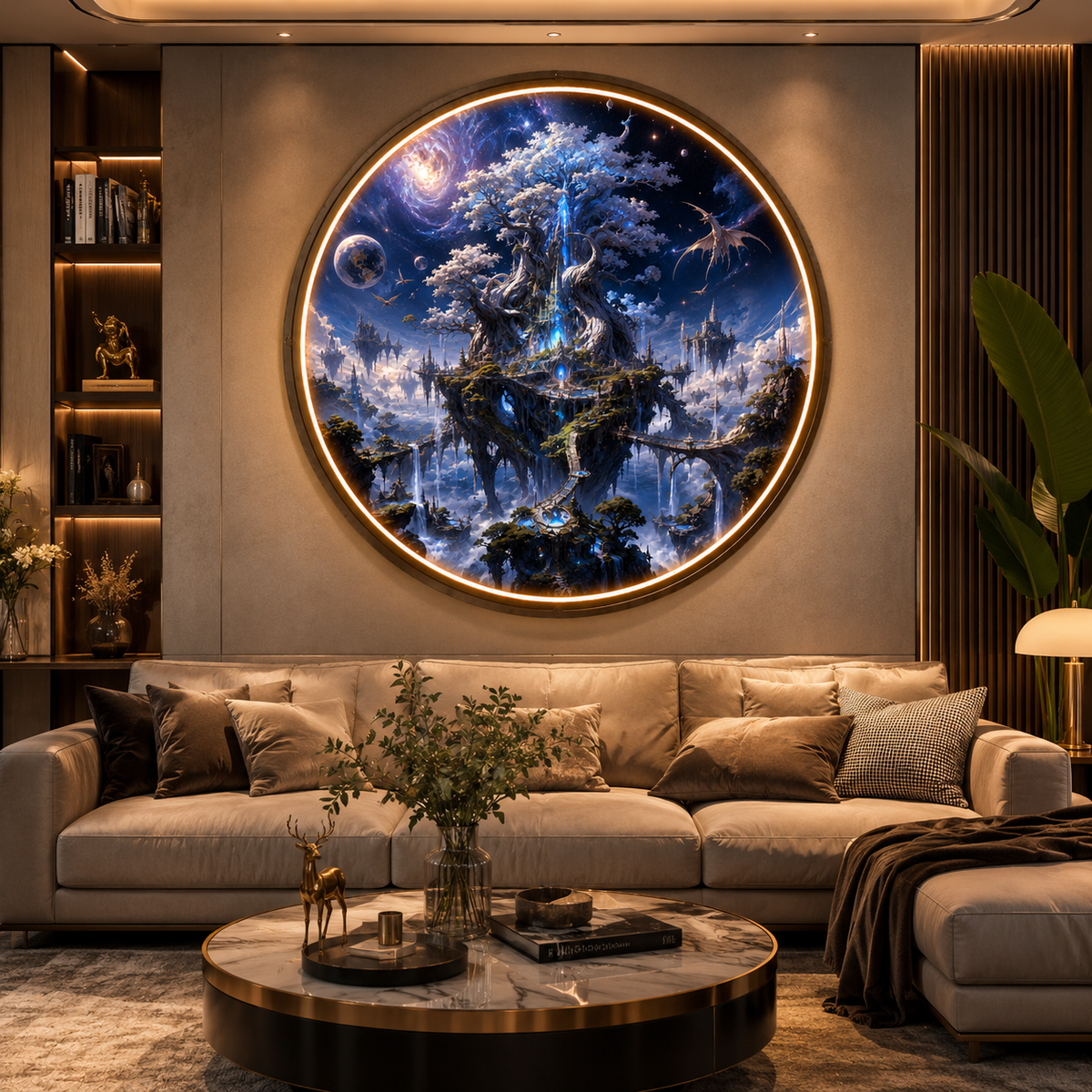 Illuminated Round Wall Painting with LED Light - Cosmic Fantasy Tree, Luxury Living Room Interior Decoration led 122